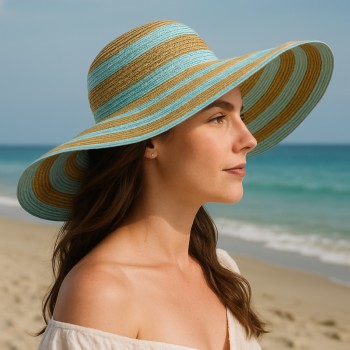 Wide Brim Hat - Straw Hat: Paper Straw Wide Brim Hat - Aqua/Gold - HT-ST1170AQGD